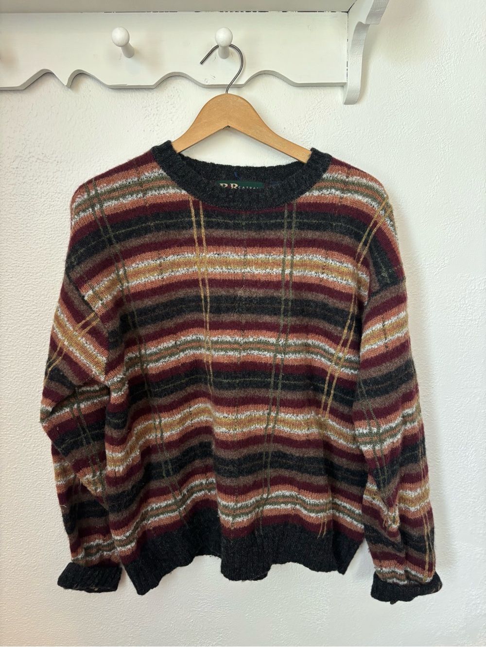 Vintage 100% Wool Sweater Women’s Large Plaid Striped Grandpa Academia Cozy Knit